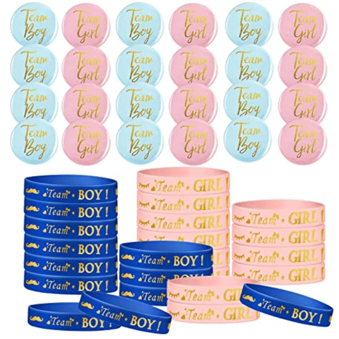 48 Piece Gender Reveal Bracelets Set, Includes 24 Piece Gender Reveal Button Pin 24 Piece Gender Reveal Bracelet Team Boy Girl Wristband for Baby Shower Gender Reveal Party Favors Supplies