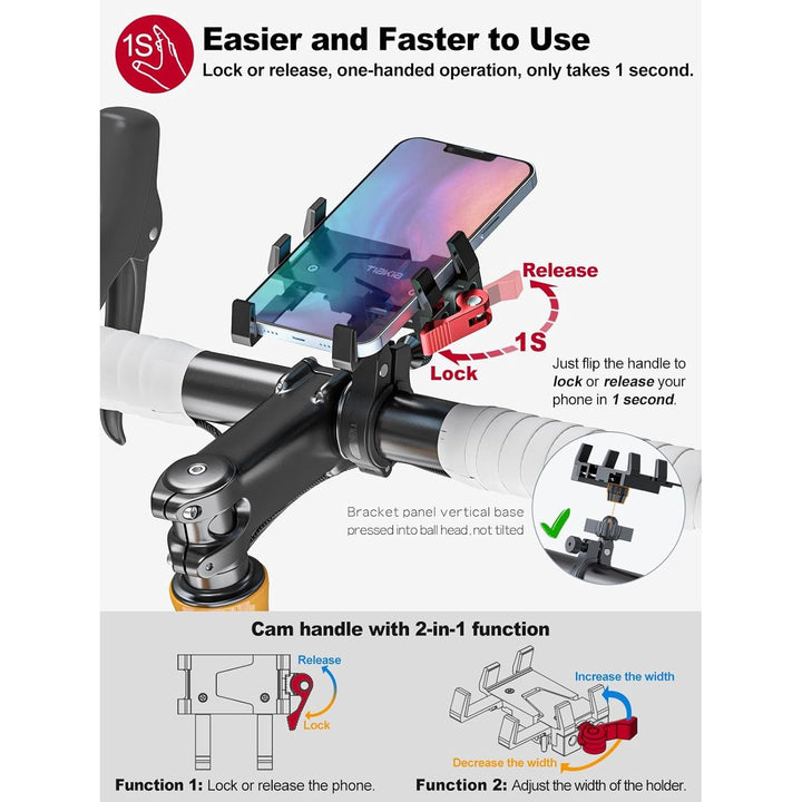 Tiakia Bike Phone Mount Holder, Aluminum Motorcycle Phone Mount, Handlebar Mounted Cell Phone Holder for Bike, 360° Rotation, Universal Bicycle Phone Mount for 4.5-7 Inch Phones