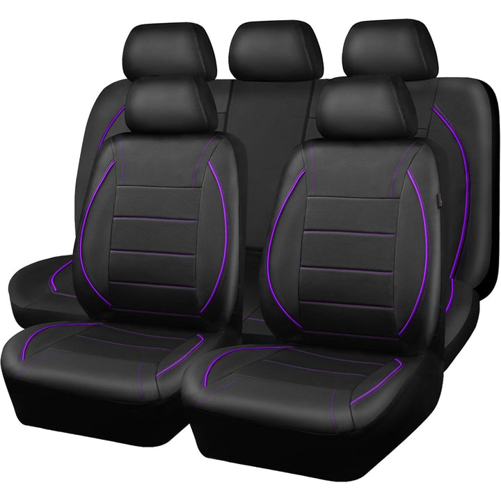 Piping PU Leather Car Seat Cover,Inside Zipper Design and Reserved Opening Holes Airbag Compatible,Universal FIT for Car, SUVs,Van,Trucks,Full Set, Black & Purple