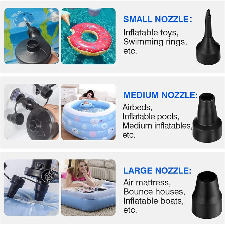 Electric Air Pump Portable Quick-Fill Air Pump for Inflatable Couch, Air Mattress, Swimming Ring, Inflatable Pool Toys, Powerful Electric Inflator/Deflator Air Pump with 3 Nozzles 110V AC
