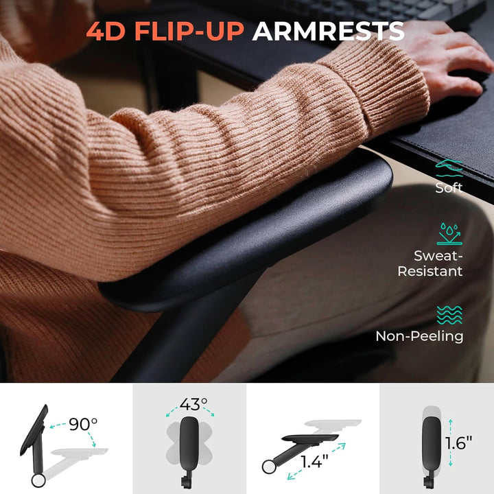 Ergonomic Mesh Office Chair, Adjustable Lumbar High Back Desk Chair 400lbs, 4D Flip-up Arms, 3-Level Tilt Backrest, 3D Headrest, PU Wheels, Swivel Rolling