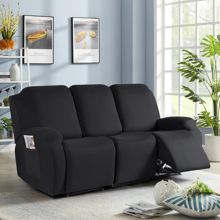 Recliner Sofa Slipcover, 3 Pieces Polyester Fabric Stretch Sofa Covers for 3 Seat Reclining Couch, Soft Washable Furniture Protector with Pockets (3 Seat, Black)