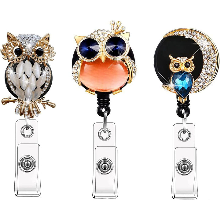 Rhinestones Retractable Badge Reel, Bling Diamond Nurse Badge Holder Reels with Swivel Alligator Clip for Teachers Students Volunteers Employees (3 Pack Crystal Cute Owl)