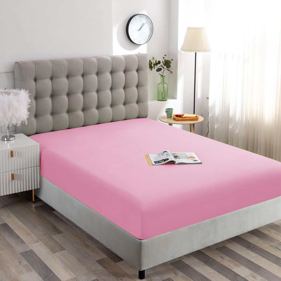 Ghooss King Size Fitted Sheet-Single Fitted Deep Pocket Sheet up to 14 Inch-Wrinkle-Fade-Stain Resistant-1 Pack(Pink,King)