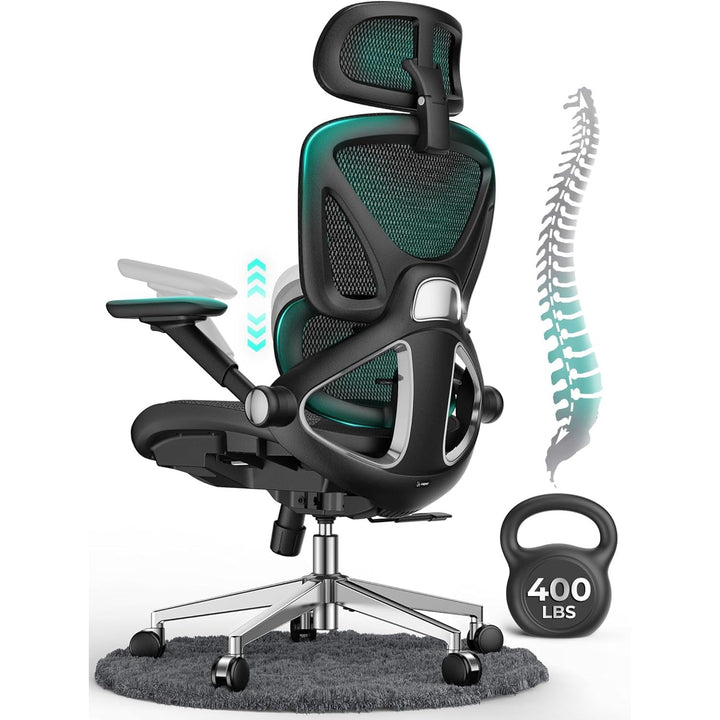Ergonomic Mesh Office Chair, Adjustable Lumbar High Back Desk Chair 400lbs, 4D Flip-up Arms, 3-Level Tilt Backrest, 3D Headrest, PU Wheels, Swivel Rolling
