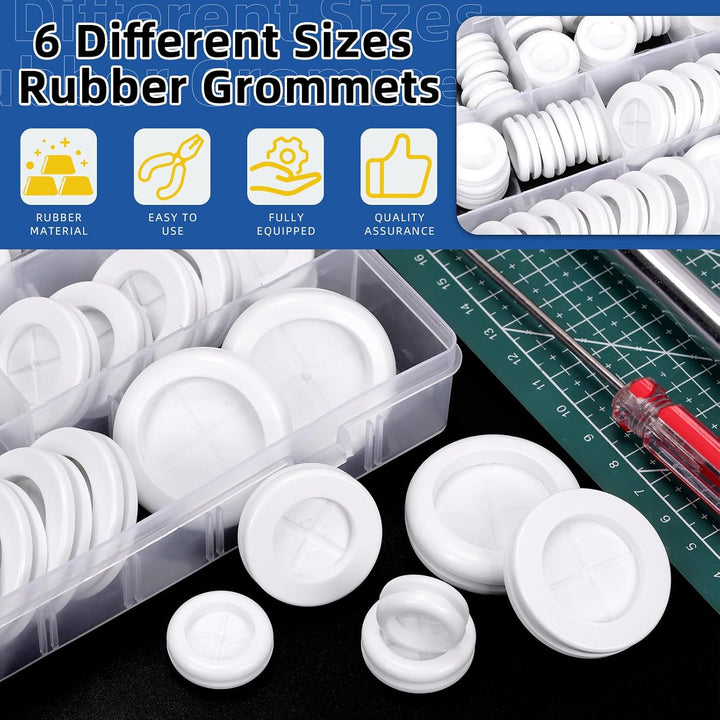 52pcs 6 Sizes Double Sided Round Rubber Hole Plug Set, White Rubber Grommet Double Sided Electrical Wire Gaskets, Hole Synthetic Rubber Plug for Wire, Cable Protection