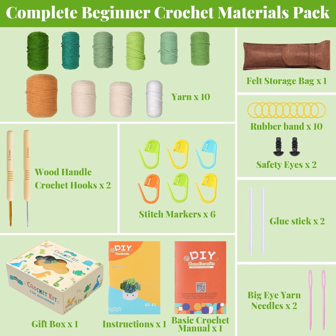 Crochet Kit for Beginners, 6PCS Crochet Coasters Kit, Flower Potted Plant Crochet Kit with Crochet Hook, Colorful Yarn, Stitch Marker, Instruction, Craft Lover DIY Material Tools(Green)