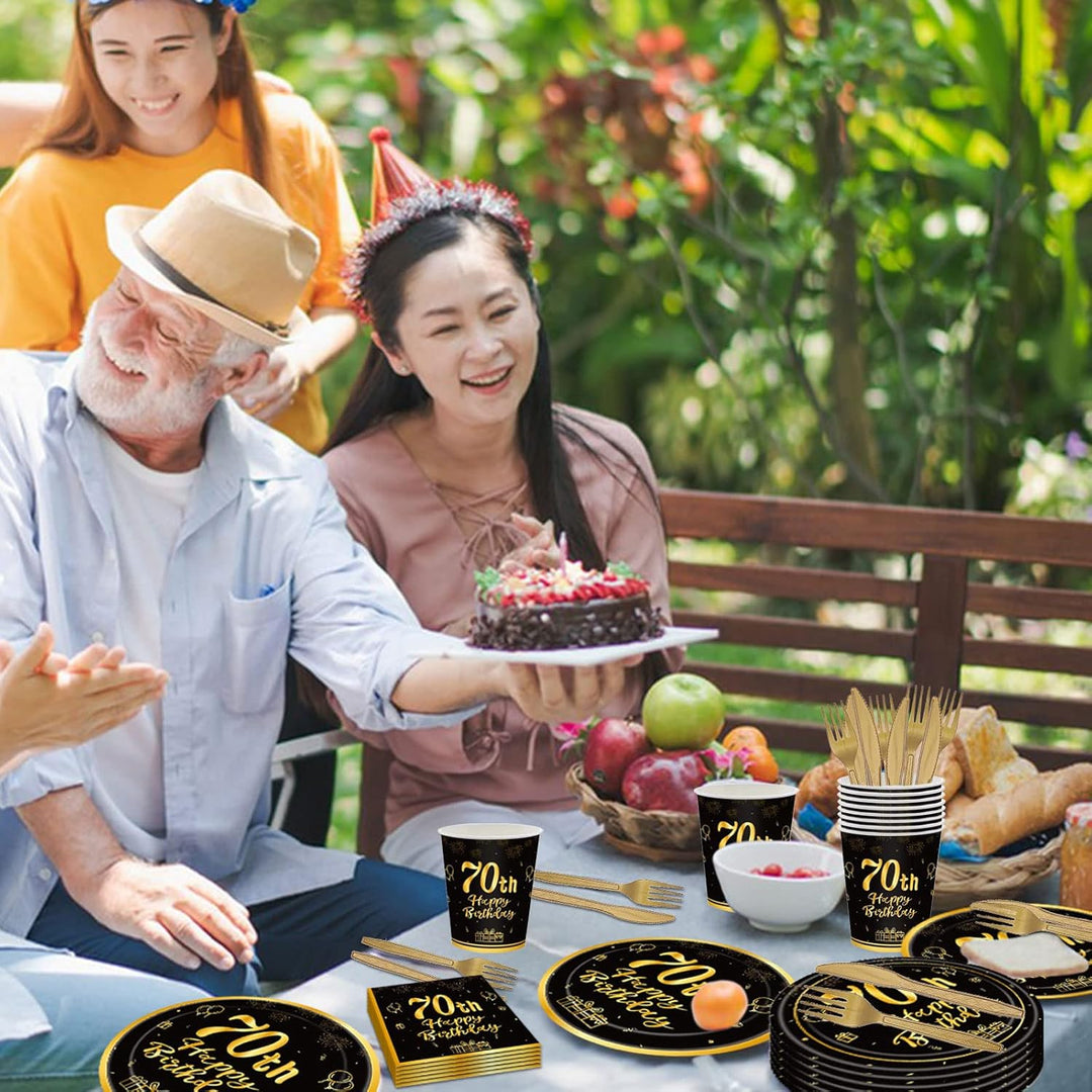 144PCS 70th Birthday Party Supplies Black and Gold 70 Years Birthday Plates and Napkins Tableware Set 70th Party Decorations Including Paper Plates Napkins Cups Forks Serve 24 for Men Women