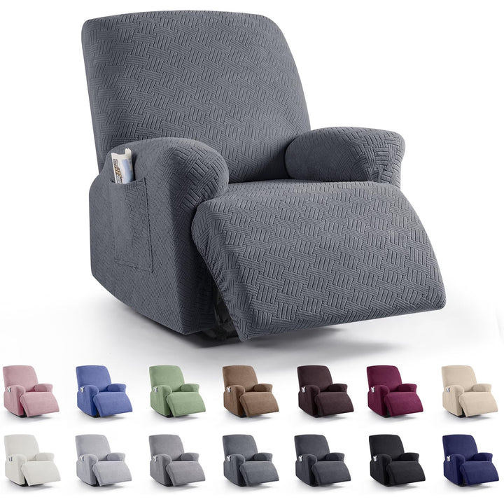 Recliner Chair Covers, Stretch Reclining Cover, Dark Gray 1 Seat Jacquard Soft Recliner Slipcovers, Washable Recliner Couch Covers, Furniture Protector Covers with Pocket for Pet Kid