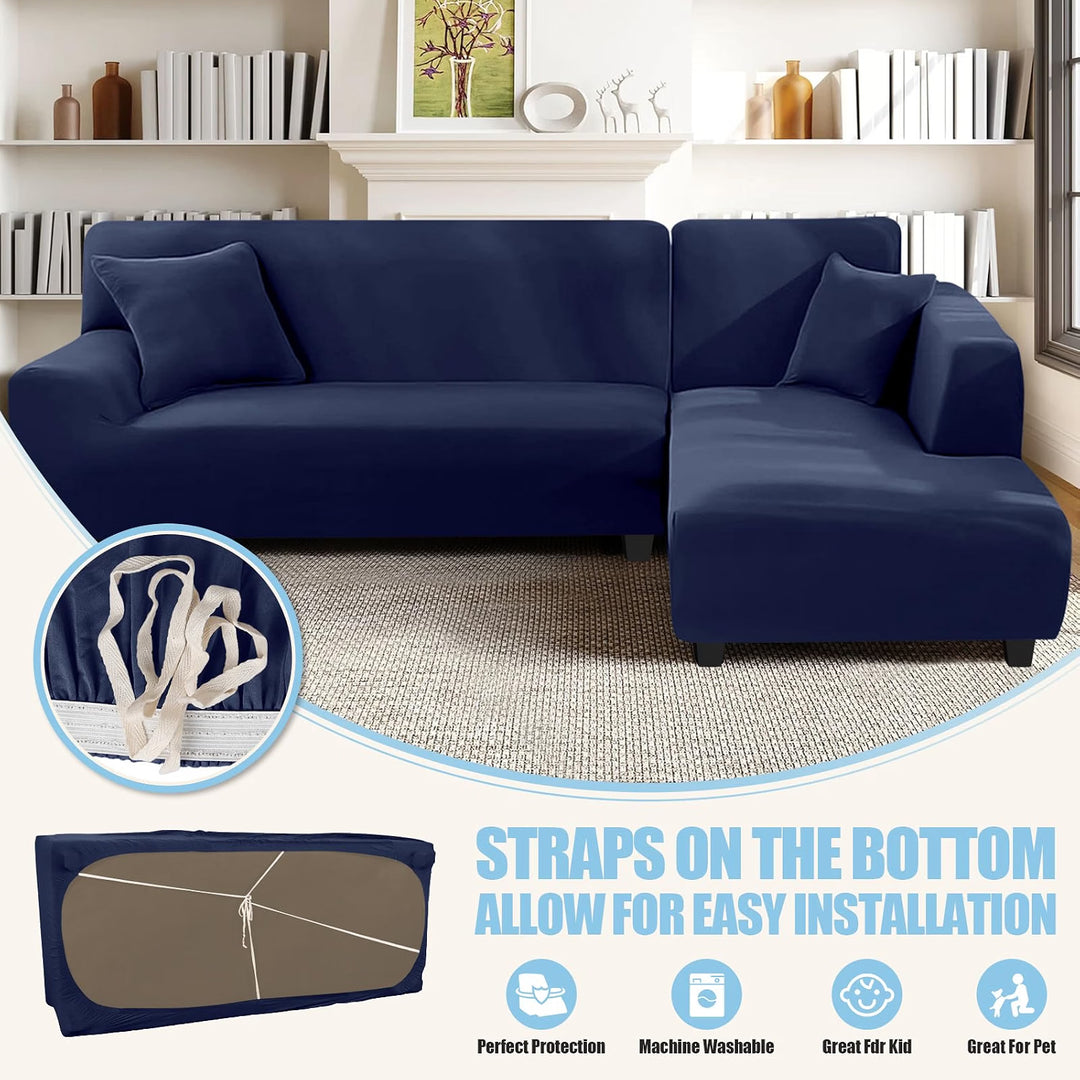 Sectional Couch Covers L Shape Sofa Covers Super Stretch 2pcs Sofa Slipcovers for 3 + 3 Seaters Sectional Chaise Slipcover with 2pcs Pillow Covers for Pets Kids, Dark Blue