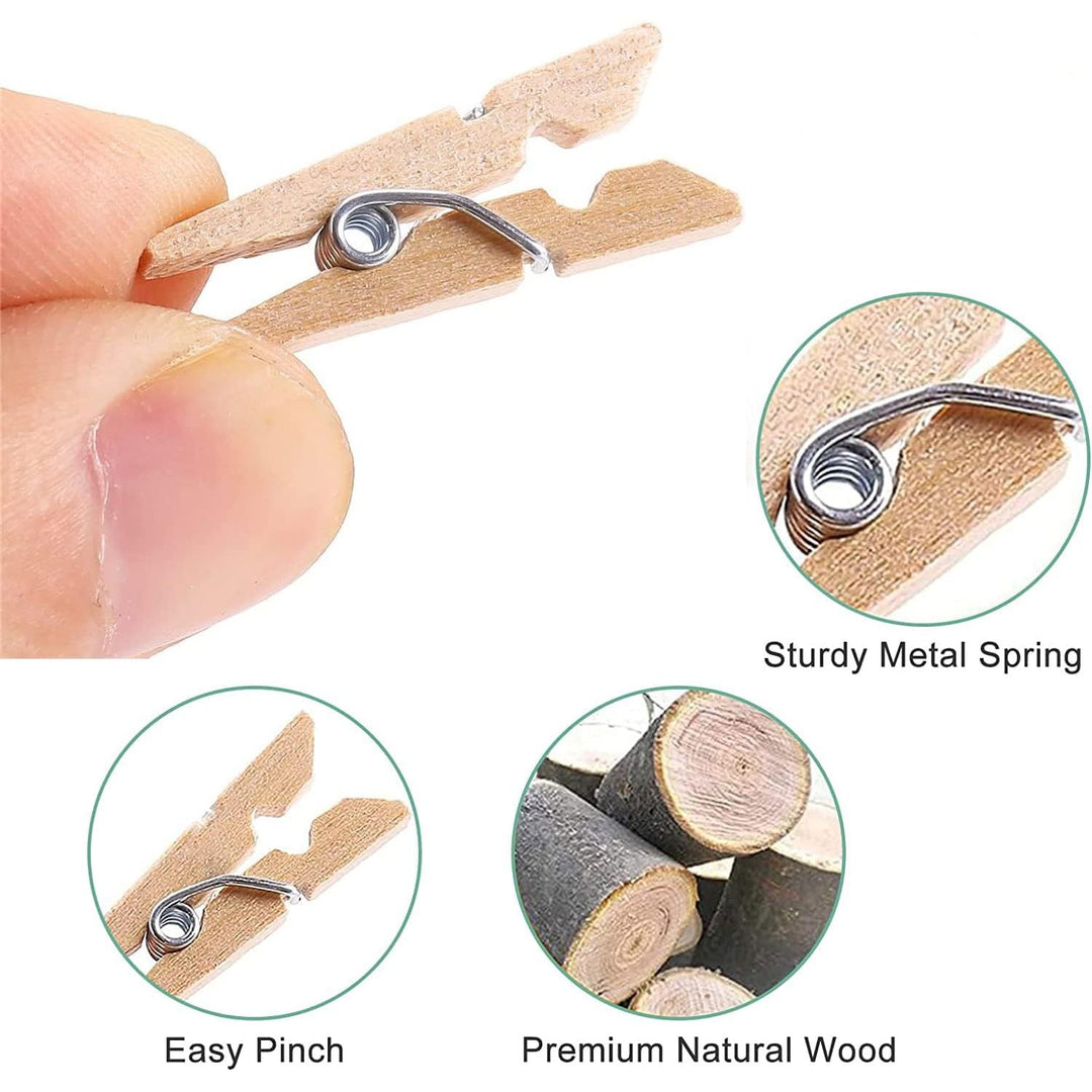50Pcs Mini Clothespins, Natural Wooden Photo Clips, Small Wooden Clothes Pins Clip and 2 Meters Jute Twines, Tiny Wood Clamp with Spring for Peg Paper, Photo Wall, Postcard, Hanging Arts Crafts Decor