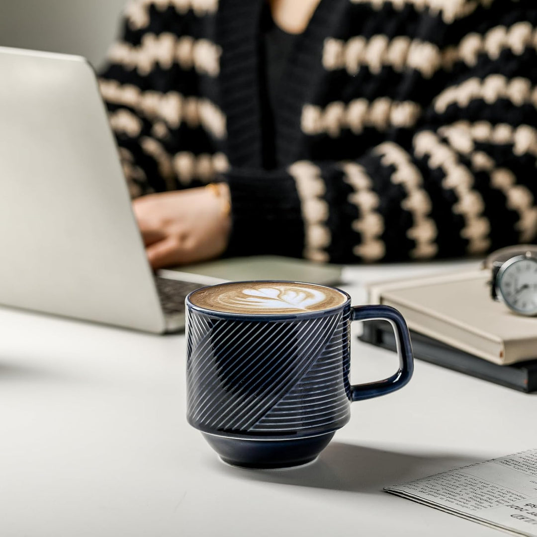 Stackable Coffee Mugs with Rack: 13 oz Stacking Ceramic Cups with Stand - Porcelain Stacked Tea Mug Set of 4 (Navy)