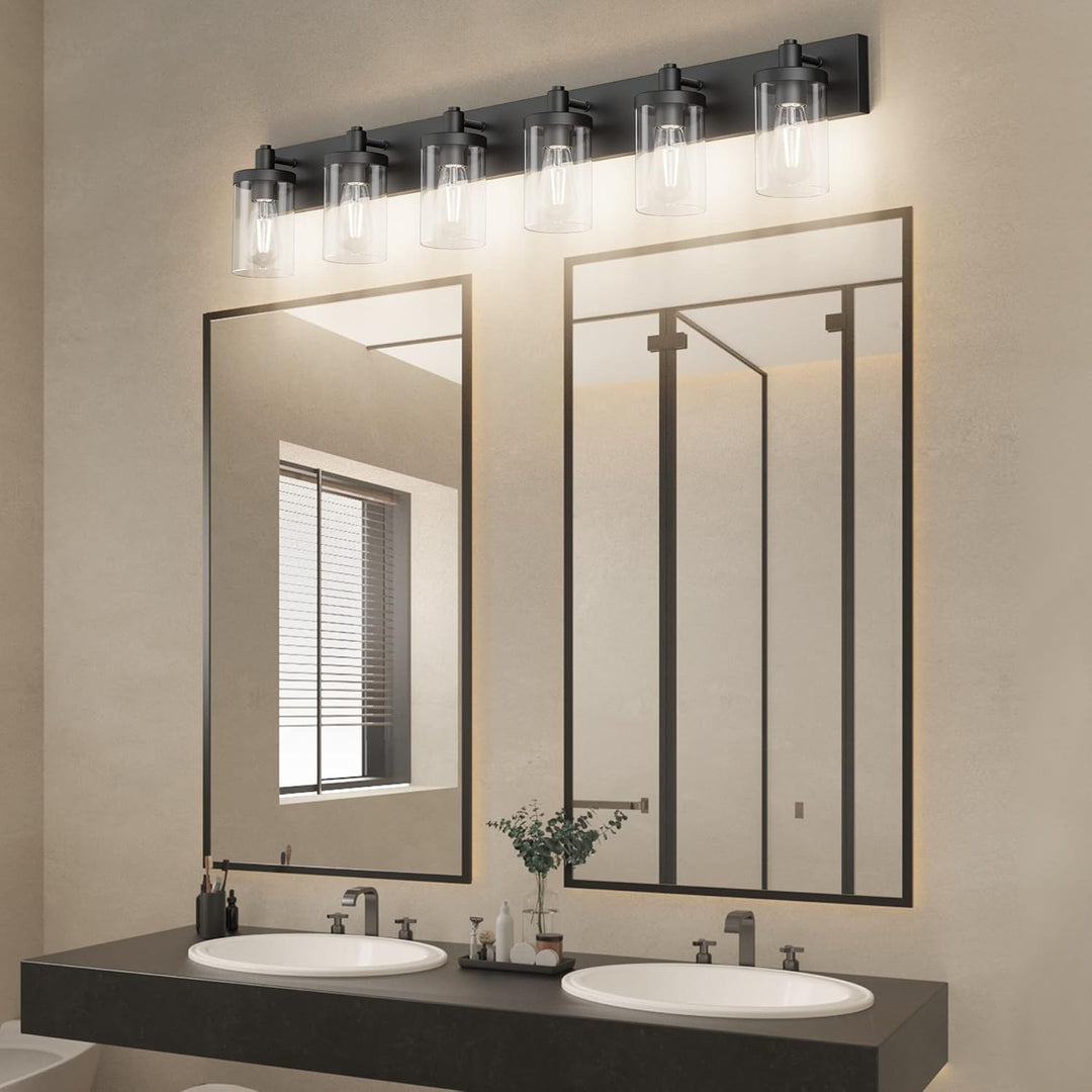 48in Vanity Light Black Bathroom Vanity Lighting Fixtures 6 Light Bathroom Light Fixtures with Clear Glass Shade(Exclude Bulb)