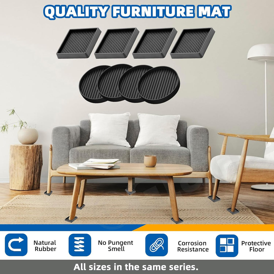 Black 8Pcs 3 x 3in Round and Square Shape Non Slip Furniture Pads Rubber Anti Skid Caster Cups, Leg Coasters Couch, Chair, Feet, and Bed Stoppers Anti-Sliding Floor Protectors for Furniture