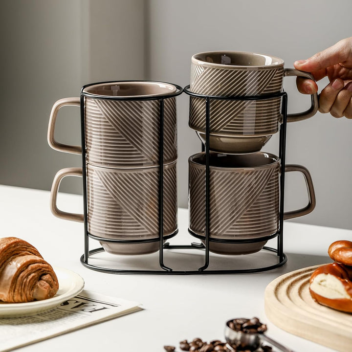 Stackable Coffee Mugs with Rack: 13 oz Stacking Ceramic Cups with Stand - Porcelain Stacked Tea Mug Set of 4 (Grey)