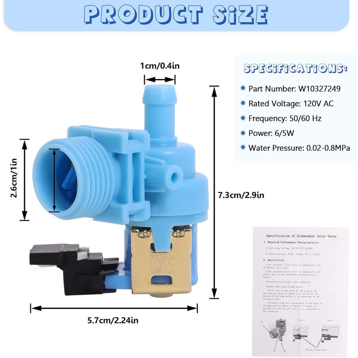 Upgraded W10327250 W10327249 Dishwasher Water Inlet Valve WPW10327249 Compatible with Whirlpool Kenmore Amana Kitchen Aid Dishwashers, Replaces W11130743 W10195047 W10316814 AP6024301