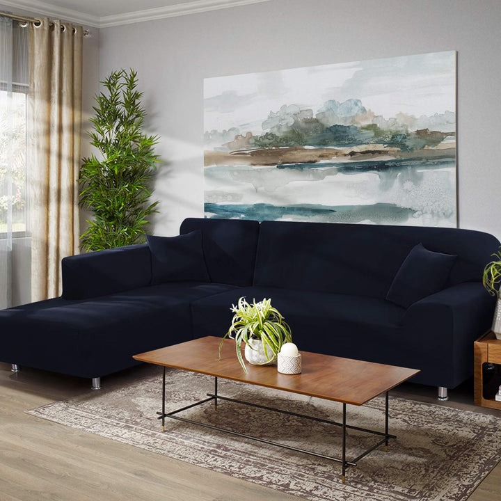 Sectional Couch Covers 2pcs L-Shaped Sofa Covers Softness Furniture Slipcovers with 2pcs Pillowcases L-Type Polyester Fabric Stretch Couch Covers 3 Seater + 3 Seater (Dark Blue)