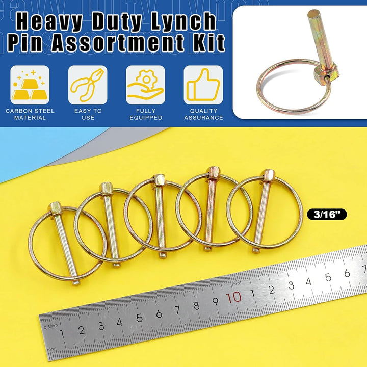 15Pcs 3/16" x 1-7/16" Lynch Pin with Lanyard Cable Set 10Pcs Lynch Pin Lock Pin Clips and 2Pcs 304 Stainless Steel Lanyard Cable with Quick Release Ring for Farm Tractors Trailers Trucks Mowers