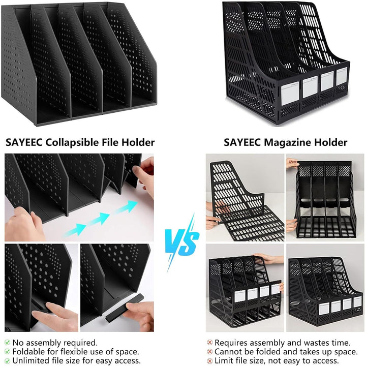 Collapsible Magazine Holder Plastic Desktop Vertical 4 Compartment File Magazine Organizer Holder File Divider Sorter Stand Office Document Organizer Storage Box Bins Home School Black