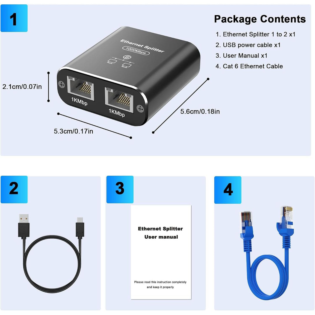 Gigabit Ethernet Splitter 1 to 2, 1000Mbps RJ45 Splitter with Cat 6 Cable & USB Power, Ethernet Cable HUB for Cat 5/5e/6/7/8, High-Speed Internet Adapter for Home/Office