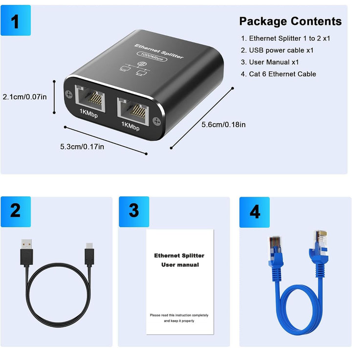 Gigabit Ethernet Splitter 1 to 2, 1000Mbps RJ45 Splitter with Cat 6 Cable & USB Power, Ethernet Cable HUB for Cat 5/5e/6/7/8, High-Speed Internet Adapter for Home/Office