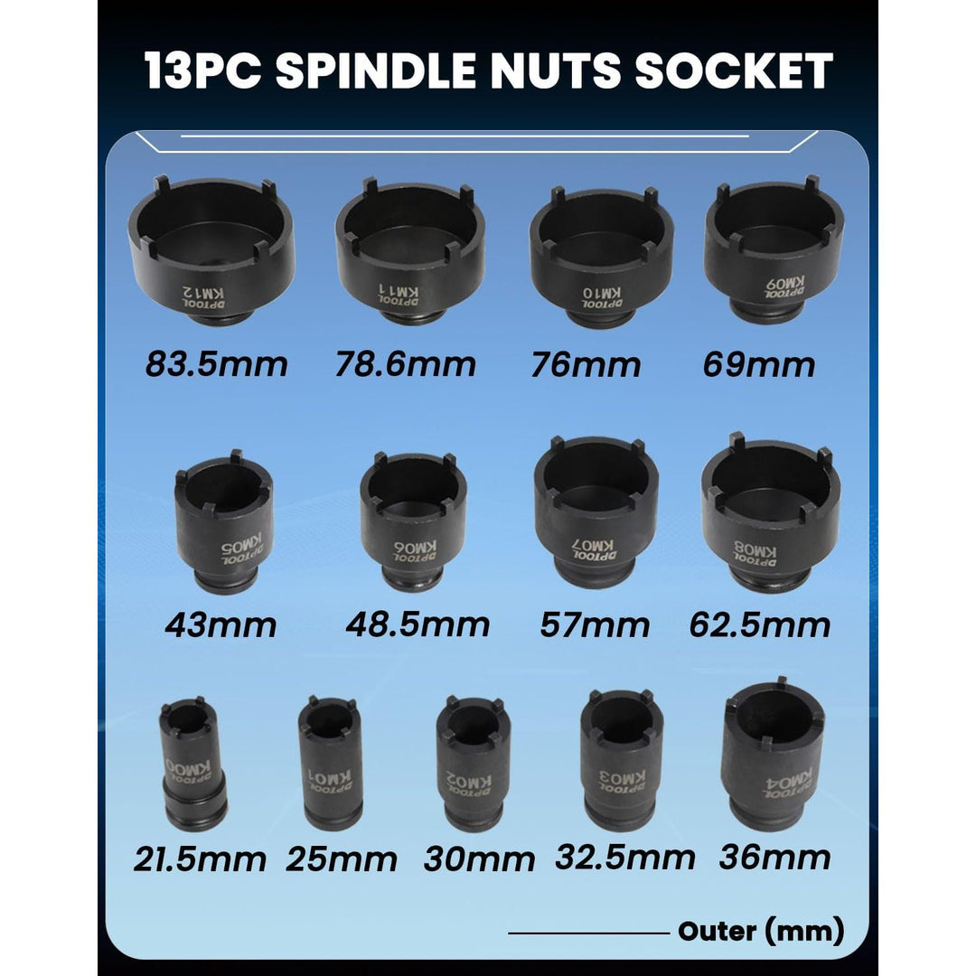 13pc Spindle Nuts Socket Kit Ball Joints Axle Locknut Remove Install Locking Hub Socket for KM Groove Nuts, 4 Teeth Exterior with 1/2'' 21.5mm 25mm 30mm 32.5mm 36mm 43mm 48.5mm 57mm 62.5mm 69mm 76mm