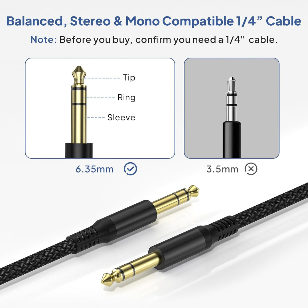 1/4 Inch TRS Instrument Cable 10ft 2-Pack,Straight 6.35mm Male Jack Stereo Audio Interconnect Cord,6.35 Balanced Line Compatible for Electric Guitar,Bass,Keyboard,Mixer,Amplifier,Amp