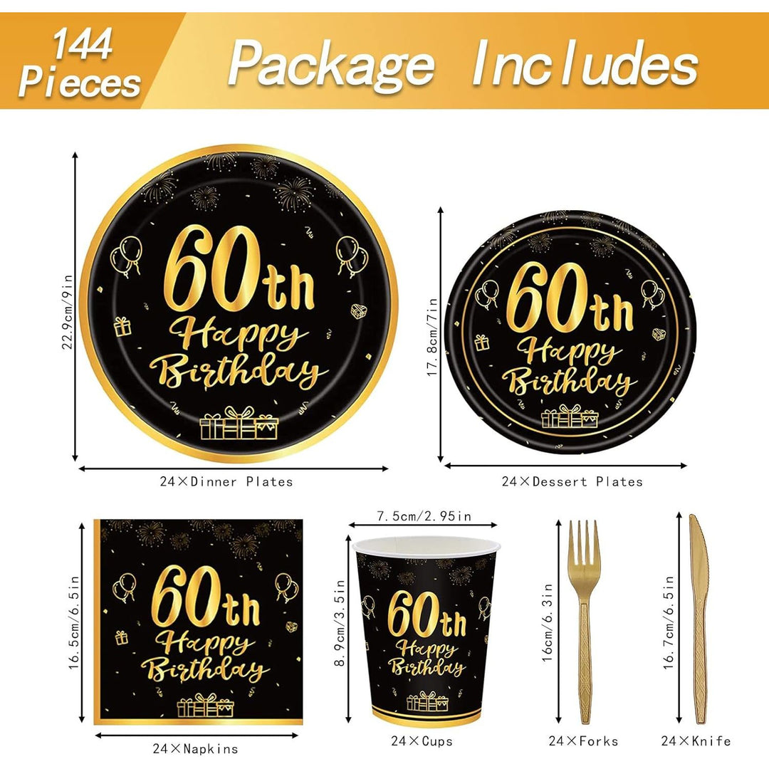 144PCS 60th Birthday Party Supplies Black and Gold 60 Years Birthday Plates and Napkins Tableware Set 60th Party Decorations Including Paper Plates Napkins Cups Forks Serve 24 for Men Women