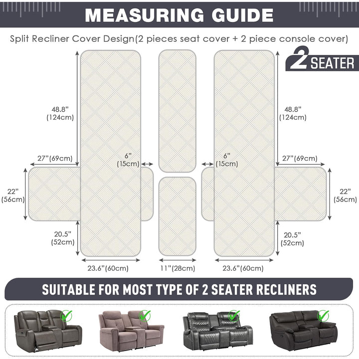 Loveseat Recliner Cover with Console, Non-Slip Pet Cover for Dual Loveseat Recliner, Split Reclining Loveseat Cover Recliner Furniture Protector with Elastic Straps (2 Seater, Dark Grey)
