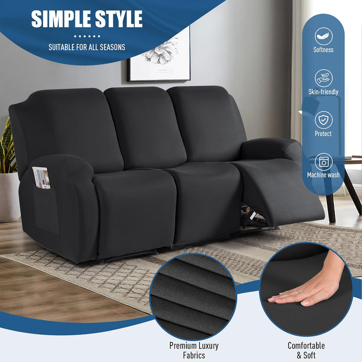 Recliner Sofa Slipcover, 3 Pieces Polyester Fabric Stretch Sofa Covers for 3 Seat Reclining Couch, Soft Washable Furniture Protector with Pockets (3 Seat, Black)