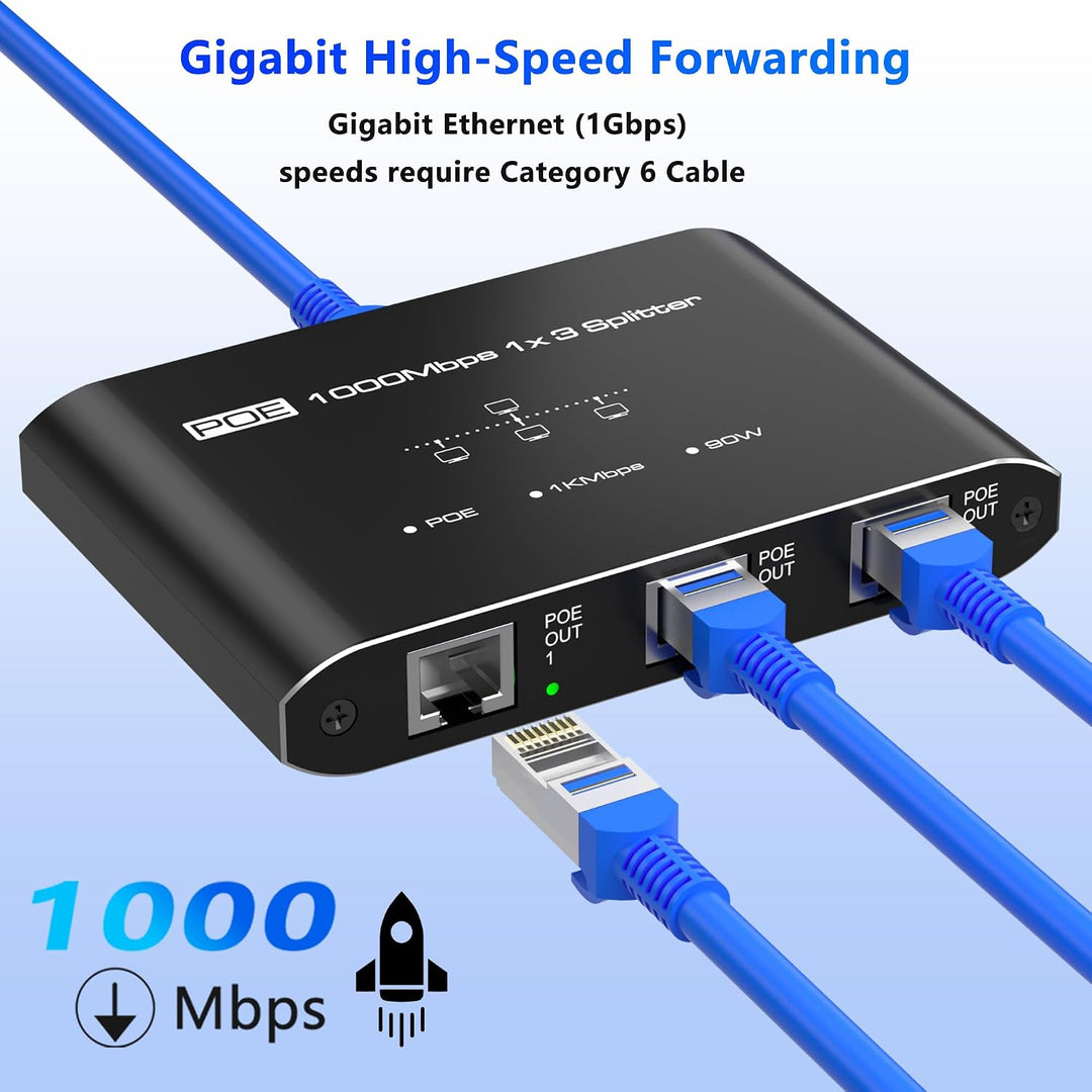 PoE Switch 1 in 3 Out, Gigabit 3 Port PoE Splitter, IEEE 802.3at/af Compliant, 30W per Port Power Over Ethernet Hub for IP Cameras/Access Points/VoIP Phones (328 Ft), Network Hub for Cat5e/6/7/8 Cable