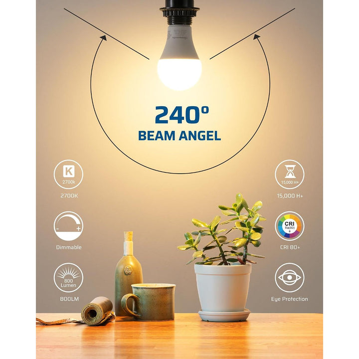 4-Pack Dimmable LED A19 Light Bulb, Soft White Light with Warm Glow, 800 Lumen, 2700K, 10W (60 Watt Equivalent), E26 Medium Screw Base, UL Listed