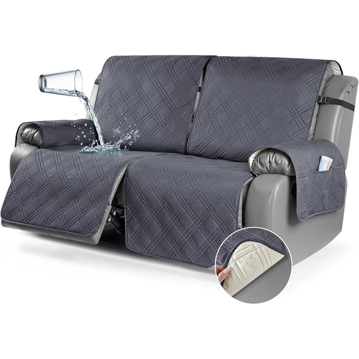 100% Waterproof Loveseat Recliner Cover, Non Slip Split Recliner Couch Cover with Elastic Straps, Washable Reclining Sofa Cover Furniture Protector for Kids, Pets(2 Seater, Dark Gray)