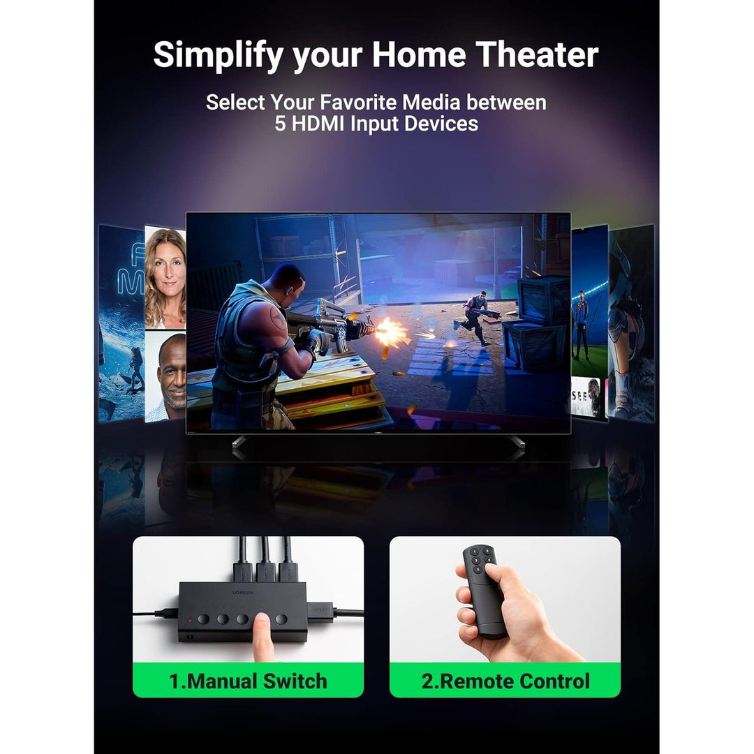 HDMI Switch 5 in 1 Out 4K@60Hz, HDMI 2.0 Switcher 5 Port with IR Remote Selector Box 4K HDR 3D Dolby Vision Atmos CEC HDCP2.2, Compatible with PS5 4 3 Xbox Switch TV Black