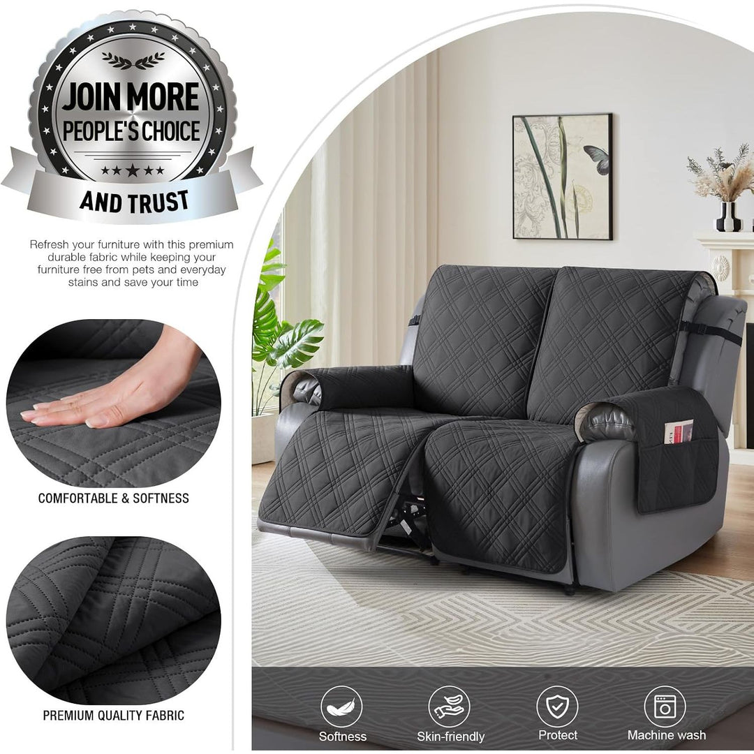 100% Waterproof Loveseat Recliner Cover, Non Slip Split Recliner Couch Cover with Elastic Straps, Washable Reclining Sofa Cover Furniture Protector for Kids, Pets(2 Seater, Dark Gray)