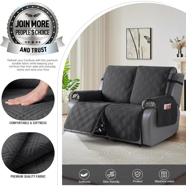 100% Waterproof Loveseat Recliner Cover, Non Slip Split Recliner Couch Cover with Elastic Straps, Washable Reclining Sofa Cover Furniture Protector for Kids, Pets(2 Seater, Dark Gray)