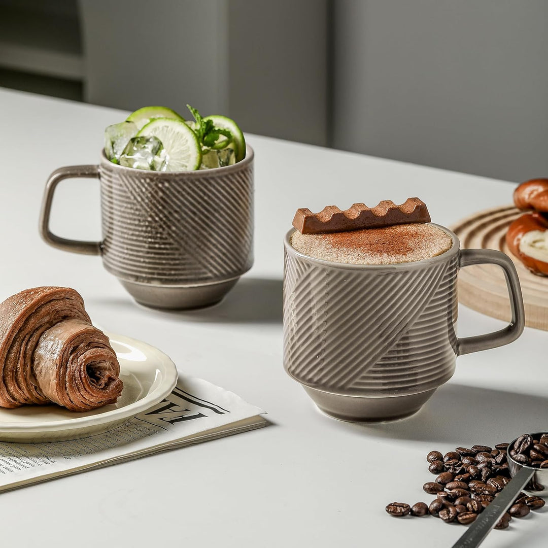 Stackable Coffee Mugs with Rack: 13 oz Stacking Ceramic Cups with Stand - Porcelain Stacked Tea Mug Set of 4 (Grey)