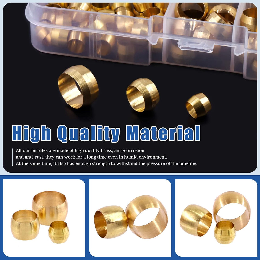 220Pcs Brass Compression Sleeves Ferrules, Tube OD 4mm 6mm 8mm 10mm 12mm 13mm 14mm 16mm Brass Compression Fitting Assortment Kit