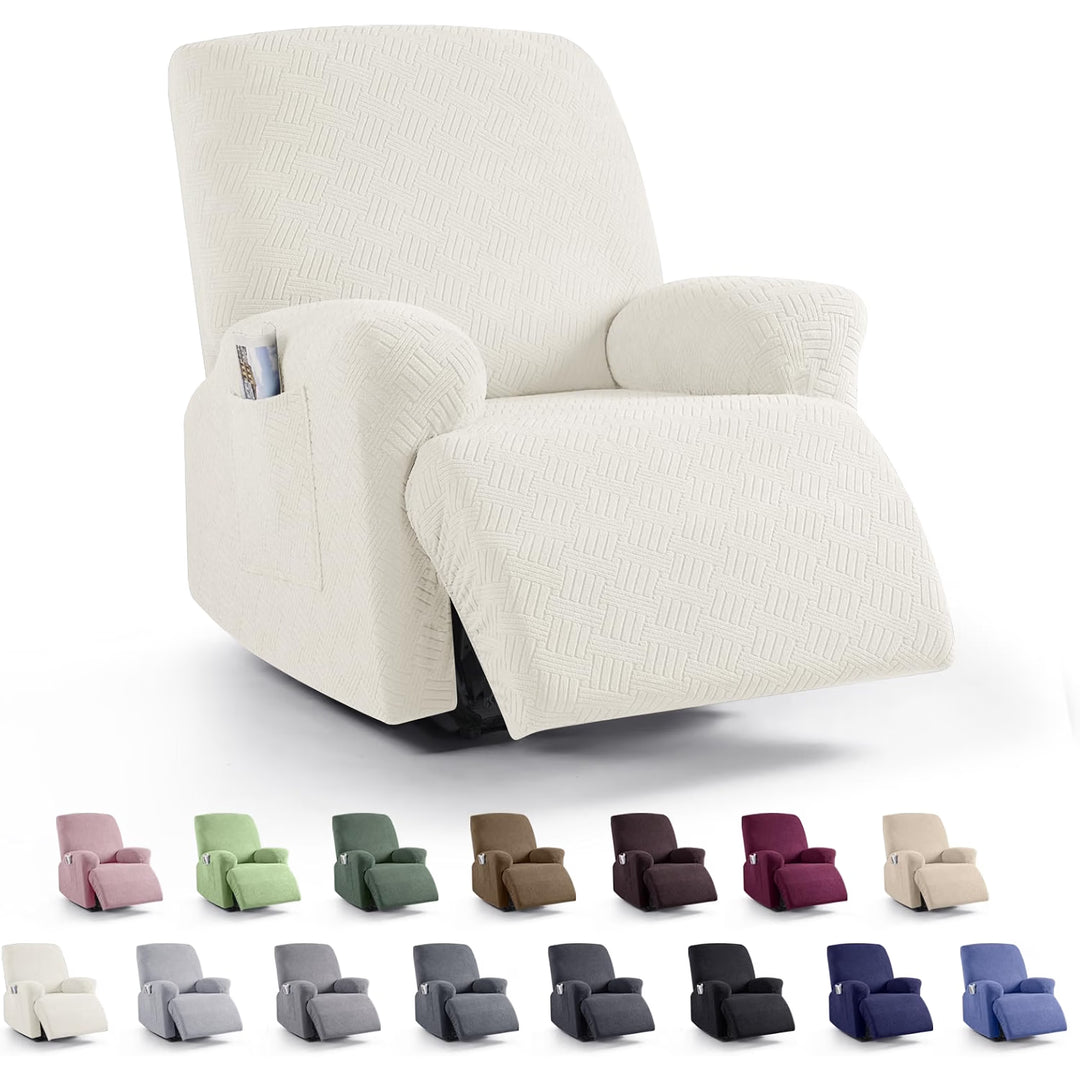 Recliner Chair Covers, Stretch Reclining Cover, Cream 1 Seat Jacquard Soft Recliner Slipcovers, Washable Recliner Couch Covers, Furniture Protector Covers with Pocket for Pet Kid