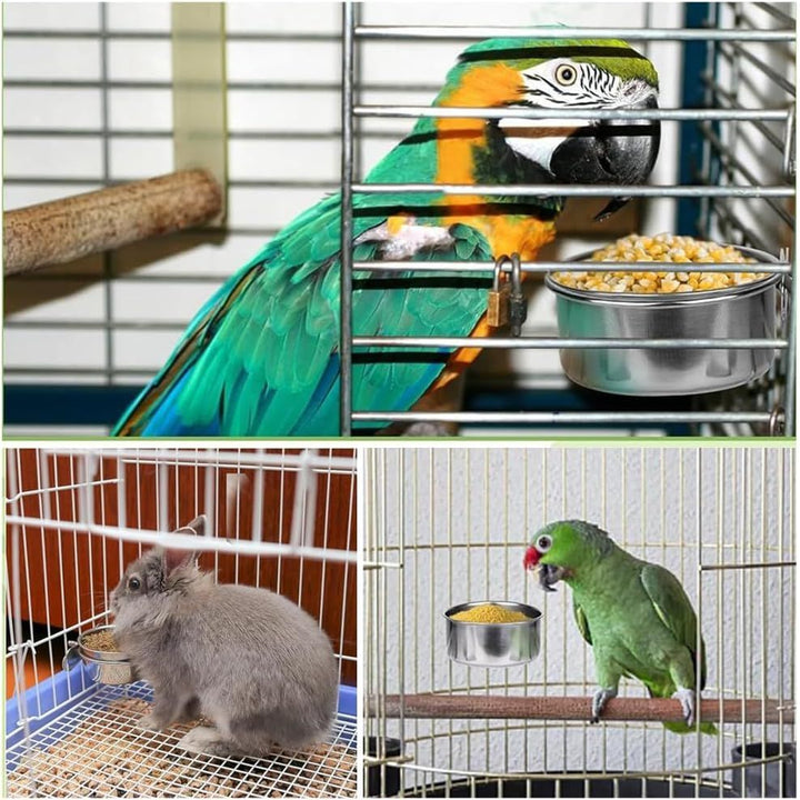 Parrot Feeder, 4pcsPet Feeder, Bird Feeder for Cage, Parrot Feeding Cups Birds Food Dish 2 pcs Perches,10X 4.5 cm, Stainless Steel Parrot Feeders Water,for Parrot Parakeet Lovebird