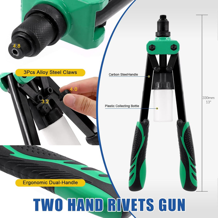 261Pcs Rivet Gun with Large Flange Pop Rivets Set 13" Heavy Duty Handle Riveter and 260Pcs 7 Sizes Aluminum Large Flange Blind Rivets Assortment Kit for Metal, Automotive, Boat
