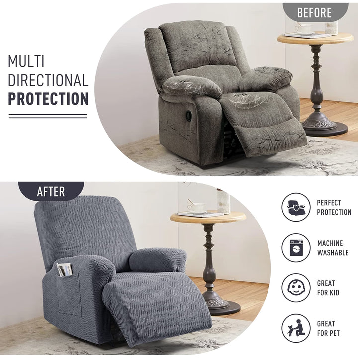Recliner Chair Covers, Stretch Reclining Cover, Dark Gray 1 Seat Jacquard Soft Recliner Slipcovers, Washable Recliner Couch Covers, Furniture Protector Covers with Pocket for Pet Kid