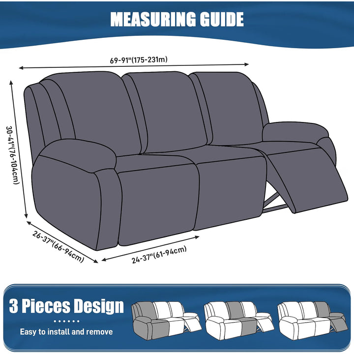 Recliner Sofa Slipcover, 3 Pieces Polyester Fabric Stretch Sofa Covers for 3 Seat Reclining Couch, Soft Washable Furniture Protector with Pockets (3 Seat, Black)