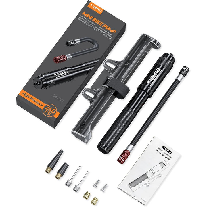 Tiakia Mini Bike Pump Portable Bicycle Pump Compact High Pressure Frame Pump 260PSI- Air Hand Pump Fit Presta, Schrader & Woods Valves,Aluminum Alloy Durable Tire Pump for Road/Mountain/BMX Bikes