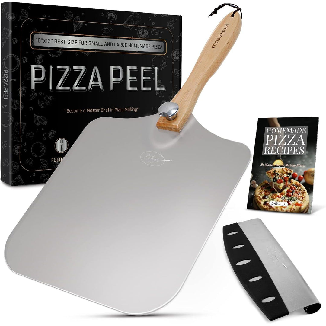 Large Pizza Peel 16 inch - Extra Large Metal Pizza Peel with 14 inch Stainless Steel Pizza Cutter Rocker, Pizza Spatula Paddle to Move Large Pizza, Pizza Paddle with Folding Handle