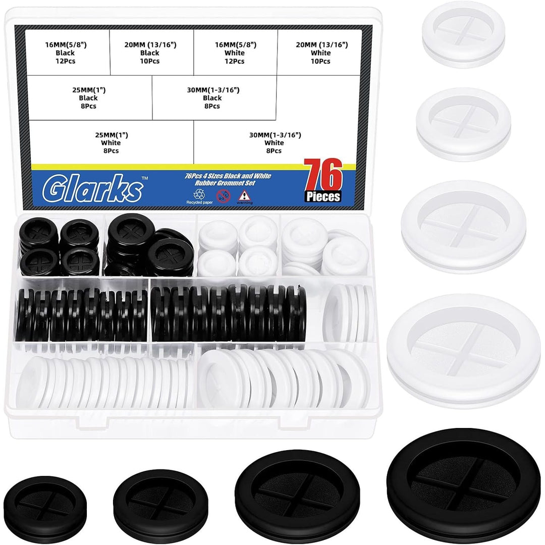 76pcs 5/8"(16mm) 13/16"(20mm) 1"(25mm) 1-3/16"(30mm) Black and White Rubber Grommet Set, Double Sided Round Rubber Hole Plugs Closed Firewall Hole Plug Rubber Gasket for Wire Protection - Just Closeouts Canada Inc.X004DRRM49