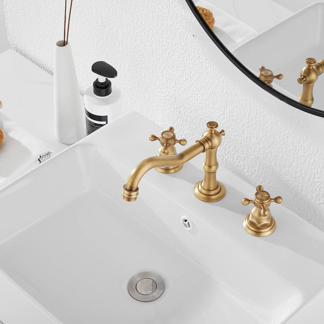 8 - 16 inch Two Handles 3 Holes Widespread Bathroom Sink Faucet Antique Brass Basin Mixer Tap Faucet Matching Metal Pop Up Drain with Overflow - Just Closeouts Canada Inc.