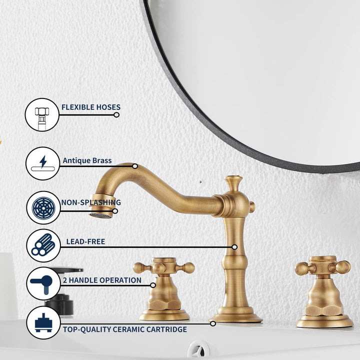 8 - 16 inch Two Handles 3 Holes Widespread Bathroom Sink Faucet Antique Brass Basin Mixer Tap Faucet Matching Metal Pop Up Drain with Overflow - Just Closeouts Canada Inc.