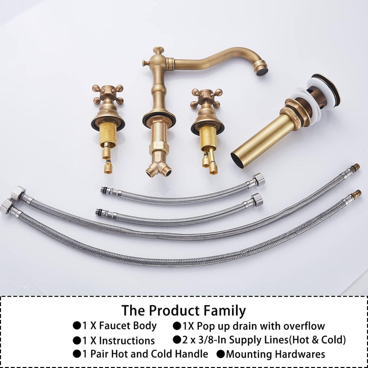 8 - 16 inch Two Handles 3 Holes Widespread Bathroom Sink Faucet Antique Brass Basin Mixer Tap Faucet Matching Metal Pop Up Drain with Overflow - Just Closeouts Canada Inc.