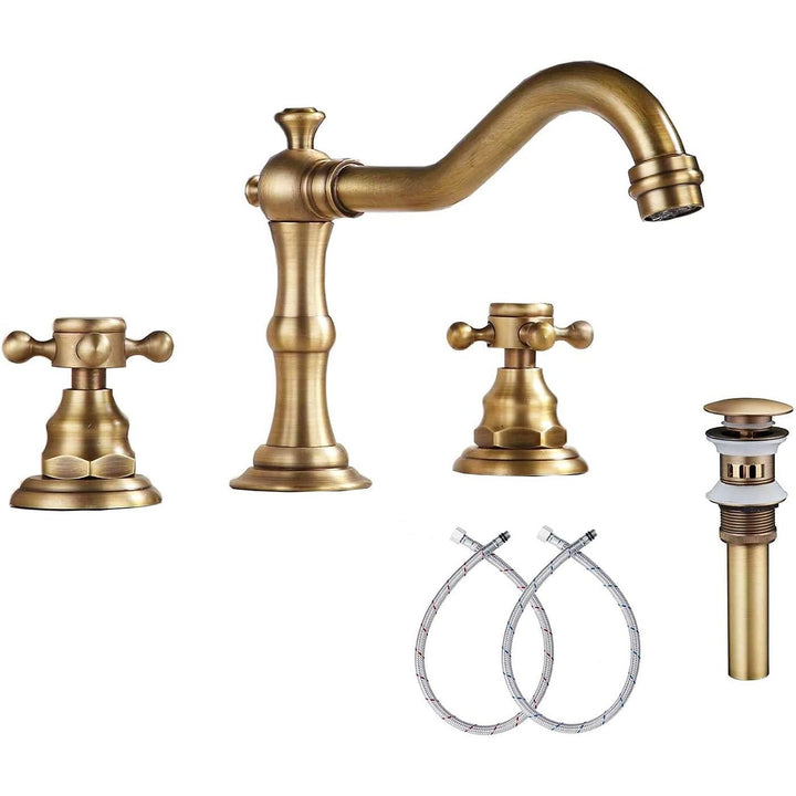 8 - 16 inch Two Handles 3 Holes Widespread Bathroom Sink Faucet Antique Brass Basin Mixer Tap Faucet Matching Metal Pop Up Drain with Overflow - Just Closeouts Canada Inc.